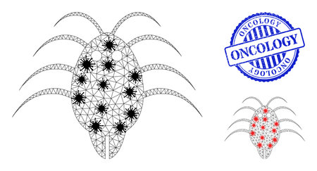 Mesh polygonal parasite icons illustration in infection style, and rubber blue round Oncology stamp seal. Abstraction is based on parasite icon with black and red infectious nodes.のイラスト素材