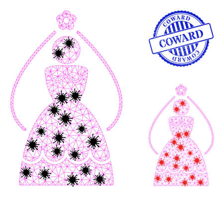 Mesh polygonal bride symbols illustration with outbreak style, and rubber blue round Coward seal. Carcass model is based on bride icon with black and red Covid centers.のイラスト素材