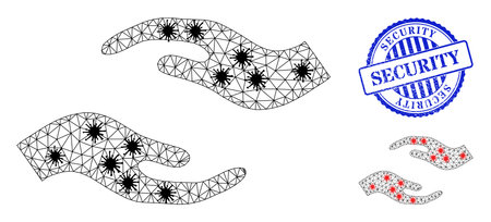 Mesh polygonal care hands icons illustration designed using infection style, and distress blue round Security stamp seal.のイラスト素材