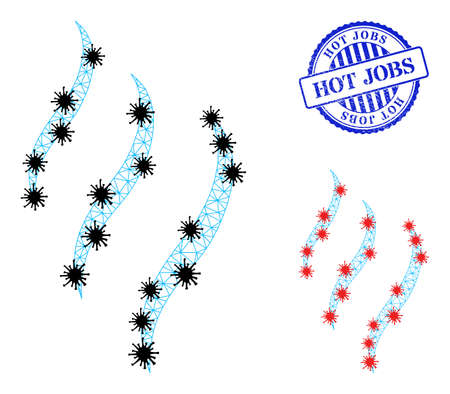 Mesh polygonal vapour smell icons illustration with infection style, and scratched blue round Hot Jobs badge. Carcass model is based on vapour smell icon with black and red infectious elements.のイラスト素材