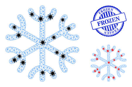 Mesh polygonal snowflake icons illustration with infection style, and scratched blue round Frozen seal. Model is created from snowflake icon with black and red coronavirus items.のイラスト素材