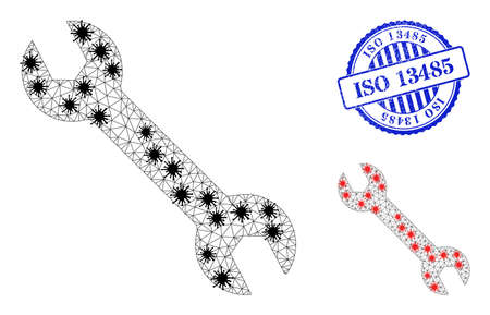 Mesh polygonal spanner icons illustration designed using lockdown style, and textured blue round ISO 13485 stamp. Model is based on spanner icon with black and red infection elements.のイラスト素材