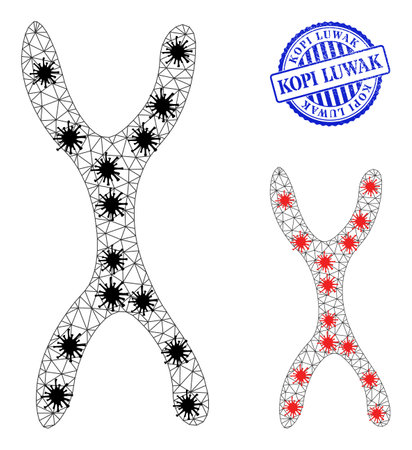 Mesh polygonal chromosome icons illustration in infection style, and rubber blue round Kopi Luwak badge. Carcass model is based on chromosome icon with black and red infection centers.のイラスト素材