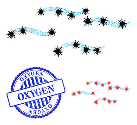 Mesh polygonal air symbols illustration in outbreak style, and distress blue round Oxygen stamp seal. Carcass model is based on air icon with black and red infectious centers.のイラスト素材