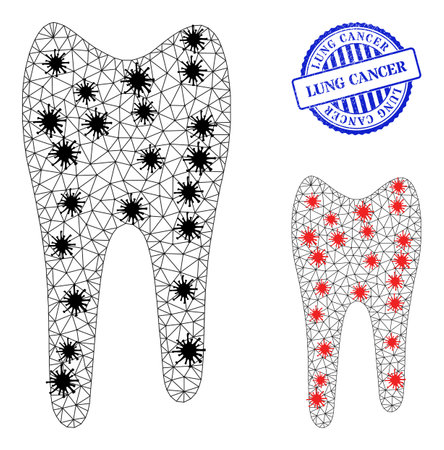 Mesh polygonal tooth icons illustration in outbreak style, and grunge blue round Lung Cancer seal. Model is based on tooth icon with black and red virus nodes.のイラスト素材