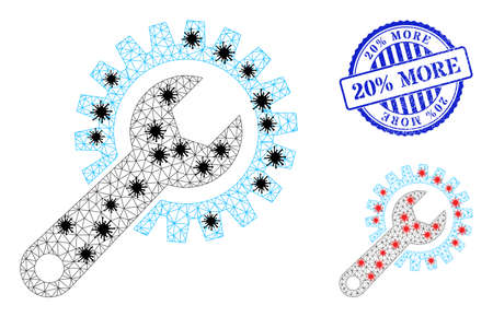 Mesh polygonal repair gear symbols illustration with infection style, and grunge blue round 20% More stamp seal. Model is created from repair gear icon with black and red infectious centers.のイラスト素材