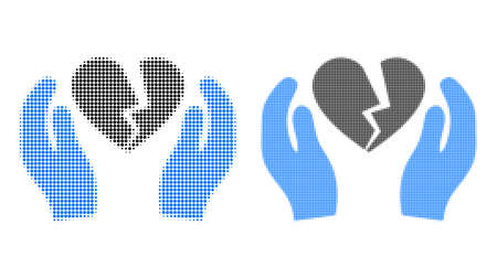 Dotted halftone broken heart care palms icon. Vector halftone composition of broken heart care palms icon combined of round elements.のイラスト素材