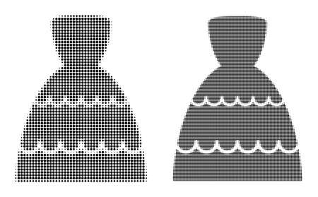 Dot halftone bride dress icon. Vector halftone pattern of bride dress icon made of circle pixels.のイラスト素材