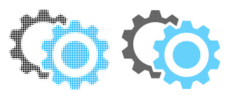 Pixelated halftone gears icon. Vector halftone concept of gears icon composed of circle elements.のイラスト素材