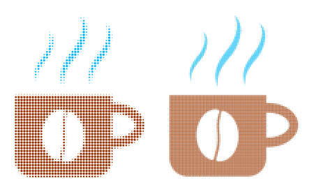 Pixelated halftone hot coffee cup icon. Vector halftone mosaic of hot coffee cup icon made from spheric dots.のイラスト素材