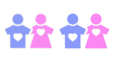 Pixelated halftone lovers persons icon. Vector halftone collage of lovers persons icon organized of spheric elements.のイラスト素材
