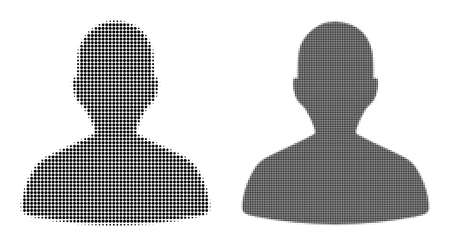 Pixelated halftone person profile icon. Vector halftone pattern of person profile icon constructed of round items.のイラスト素材
