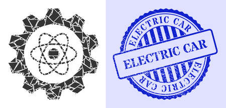 Detritus mosaic atomic industry icon, and blue round ELECTRIC CAR grunge stamp seal with tag inside round shape. Atomic industry mosaic icon of shatter parts which have various sizes, and positions,のイラスト素材