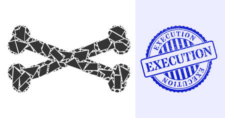 Detritus mosaic bones icon, and blue round EXECUTION rubber stamp seal with text inside round shape. Bones mosaic icon of shards particles which have variable sizes, and positions, and color tinges.のイラスト素材