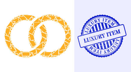Shatter mosaic marriage rings icon, and blue round LUXURY ITEM scratched stamp seal with text inside round form. Marriage rings collage icon of fraction parts which have variable sizes, and positions,のイラスト素材