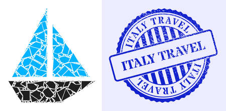 Shards mosaic yacht icon, and blue round ITALY TRAVEL scratched seal with tag inside round form. Yacht mosaic icon of shards particles which have variable sizes, and positions, and color shades.のイラスト素材
