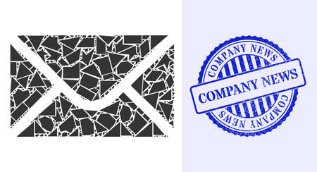 Fragment mosaic envelope icon, and blue round COMPANY NEWS rubber seal with word inside round form. Envelope collage icon of shatter particles which have randomized sizes, and positions,のイラスト素材