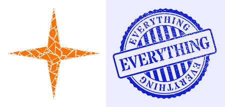 Detritus mosaic space star icon, and blue round EVERYTHING grunge stamp print with word inside round form. Space star collage icon of detritus parts which have different sizes, and positions,のイラスト素材