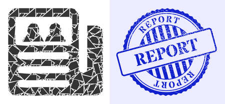 Debris mosaic newspaper icon, and blue round REPORT scratched stamp seal with text inside round shape. Newspaper mosaic icon of shatter elements which have randomized sizes, and positions,のイラスト素材
