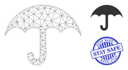 Web net umbrella vector icon, and blue round STAY SAFE textured rubber print. STAY SAFE imprint uses round form and blue color. Flat 2d carcass created from umbrella icon.のイラスト素材
