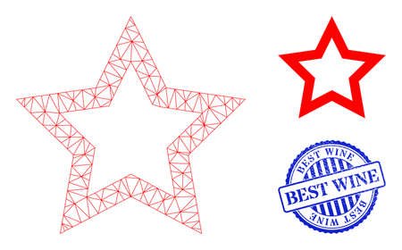 Web mesh contour star vector icon, and blue round BEST WINE corroded stamp imitation. BEST WINE stamp uses round template and blue color. Flat 2d carcass created from contour star icon.のイラスト素材