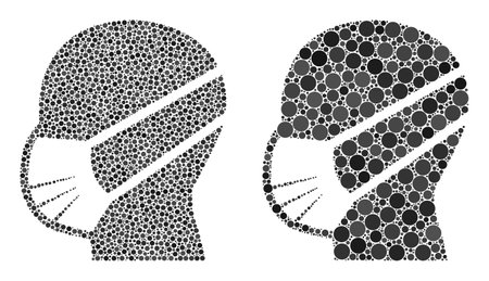 Pixelated man covid mask icon. Collage man covid mask icon organized from circle parts in random sizes and color hues. Vector round items are united into collage man covid mask icon.のイラスト素材