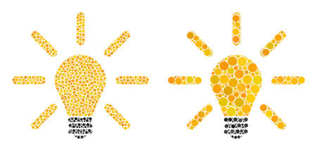 Pixel light bulb icon. Collage light bulb icon organized from round items in variable sizes and color tones. Vector round items are united into collage light bulb icon.のイラスト素材