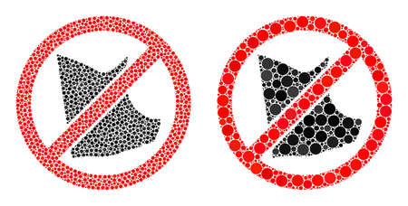 Pixelated no pork icon. Collage no pork icon united from round parts in random sizes and color hues. Vector round elements are united into collage no pork icon.のイラスト素材