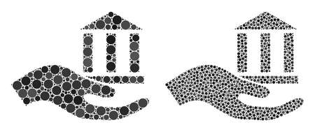 Pixel bank offer hand icon. Mosaic bank offer hand icon organized from circle elements in random sizes and color shades. Vector round elements are organized into composition bank offer hand icon.のイラスト素材