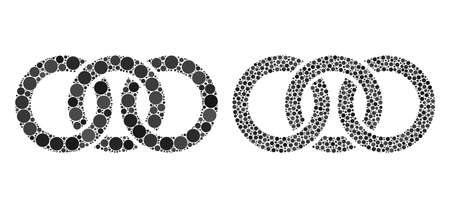 Pixelated circle chain link icon. Mosaic circle chain link icon composed of round parts in random sizes and color hues. Vector spheric dots are combined into mosaic circle chain link icon.のイラスト素材