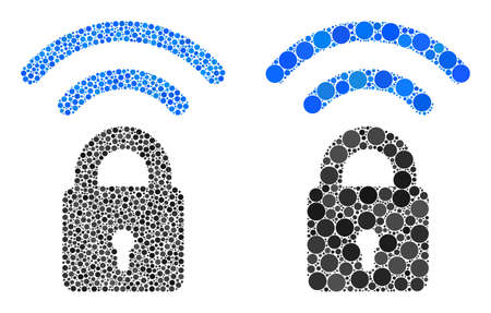 Pixel Wi-Fi lock icon. Mosaic Wi-Fi lock icon composed of spheric parts in different sizes and color tones. Vector spheric parts are united into collage Wi-Fi lock icon.のイラスト素材