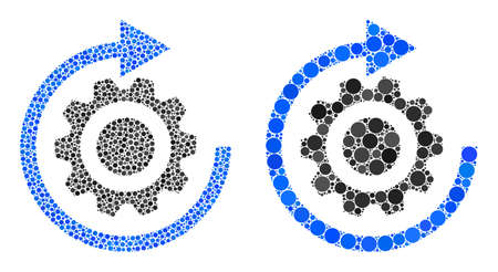 Pixelated gear rotation icon. Collage gear rotation icon designed from spheric elements in various sizes and color tinges. Vector circle elements are composed into collage gear rotation icon.のイラスト素材