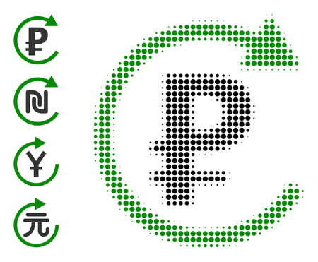 Pixel halftone rouble repay icon, and bonus icons. Vector halftone composition of rouble repay icon done with spheric points.のイラスト素材