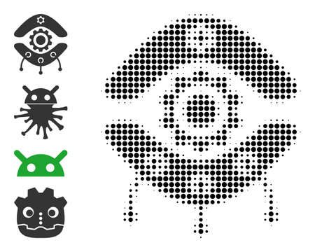 Dot halftone nanobot icon, and additional icons. Vector halftone composition of nanobot icon done of circle items.のイラスト素材