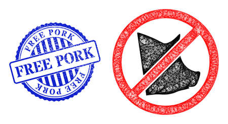 Vector net mesh no pork model, and Free Pork blue rosette unclean stamp. Wire frame net symbol created from no pork pictogram, made from crossing lines.のイラスト素材