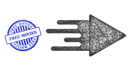 Vector net mesh quick arrow frame, and Free Movies blue rosette dirty stamp seal. Hatched frame net image designed with quick arrow icon, is generated with crossed lines.のイラスト素材