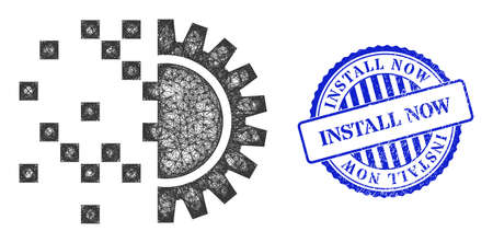 Vector network digital gearwheel generation framework, and Install Now blue rosette grunge seal print. Linear frame network illustration created from digital gearwheel generation icon,のイラスト素材