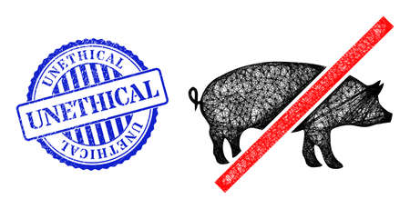 Vector network forbidden pig framework, and Unethical blue rosette textured stamp seal. Wire frame network illustration designed with forbidden pig pictogram, created with intersected lines.のイラスト素材