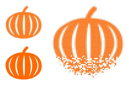 Moving dot harvest pumpkin pictogram with halftone version. Vector destruction effect for harvest pumpkin pictogram. Pixel erosion effect for harvest pumpkin gives motion of cyberspace matter.のイラスト素材