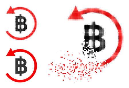 Destructed pixelated bitcoin refund glyph with halftone version. Vector wind effect for bitcoin refund icon. Pixelated explosion effect for bitcoin refund gives speed of virtual concepts.のイラスト素材