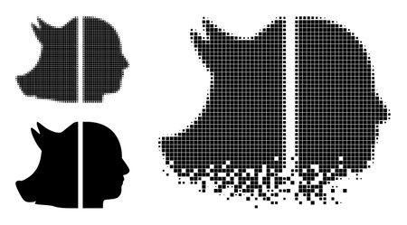 Dust pixelated dual pig man icon with halftone version. Vector destruction effect for dual pig man icon. Pixelated destruction process for dual pig man demonstrates motion of virtual matter.のイラスト素材