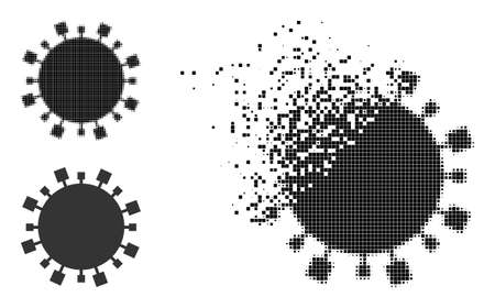 Fragmented pixelated digital virus icon with halftone version. Vector destruction effect for digital virus icon. Pixelated explosion process for digital virus gives motion of cyberspace concepts.のイラスト素材