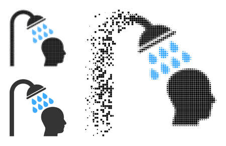 Burst pixelated head shower glyph with halftone version. Vector wind effect for head shower icon. Pixelated dissolution effect for head shower gives motion of cyberspace items.のイラスト素材
