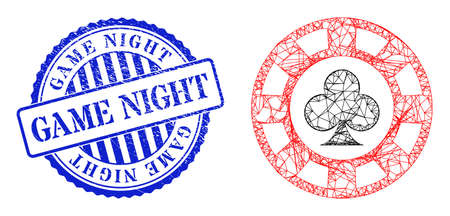 Vector net clubs casino chip model, and Game Night blue round dirty seal print. Wire frame net symbol created from clubs casino chip pictogram, is created from crossed lines.のイラスト素材
