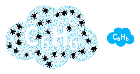 Mesh polygonal benzene cloud icon illustration in lockdown style. Carcass model is created from benzene cloud icon with black Covid items.のイラスト素材