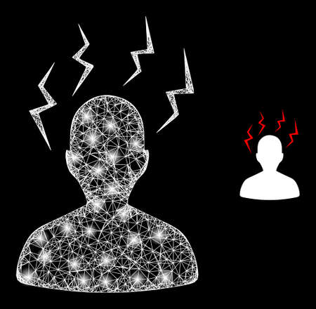 Glossy network head migrain strikes with lightspots. Linear carcass 2D network generated from intersected white lines and head migrain strikes icon.のイラスト素材