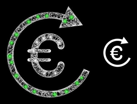 Glossy web euro repay with light spots. Linear frame flat mesh generated from intersected white lines and euro repay icon. White mesh and sparkle frame polygonal euro repay on a black background.のイラスト素材