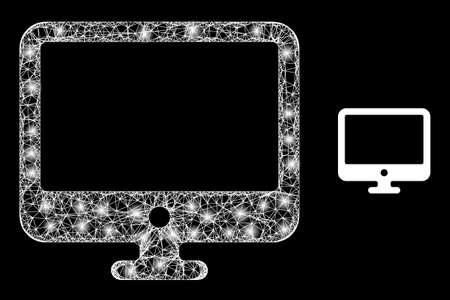 Shiny network computer display with lightspots. Linear frame 2D mesh generated with intersected white lines and computer display icon.のイラスト素材