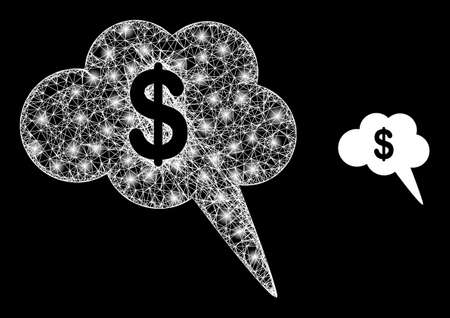 Flare hatched dollar cloud bubble with glowing spots. Linear carcass flat mesh generated with crossed white lines and dollar cloud bubble icon.のイラスト素材