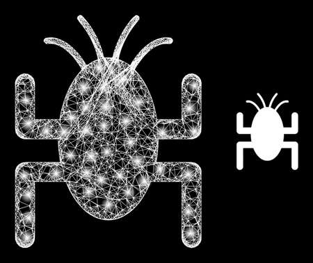 Shiny mesh bug tick with lightspots. Wire carcass flat mesh generated from intersected white lines and bug tick icon. White mesh and sparkle carcass mesh bug tick on a black background.のイラスト素材